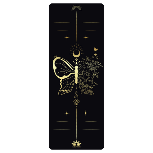 esterilla de yoga antideslizante premium diseño vida en tecnicolor mariposa negro con tinta dorada