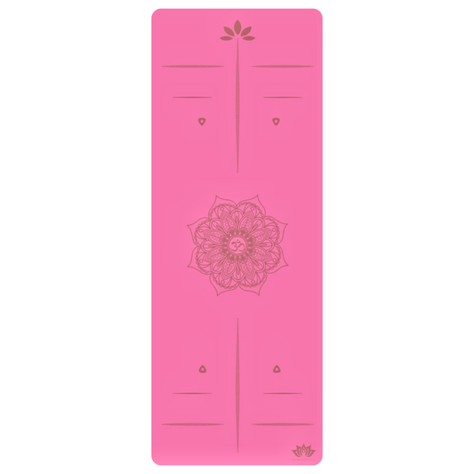 esterilla de yoga antideslizante premium diseño mandala fucsia con tinta dorada y lineas de alineación extendida