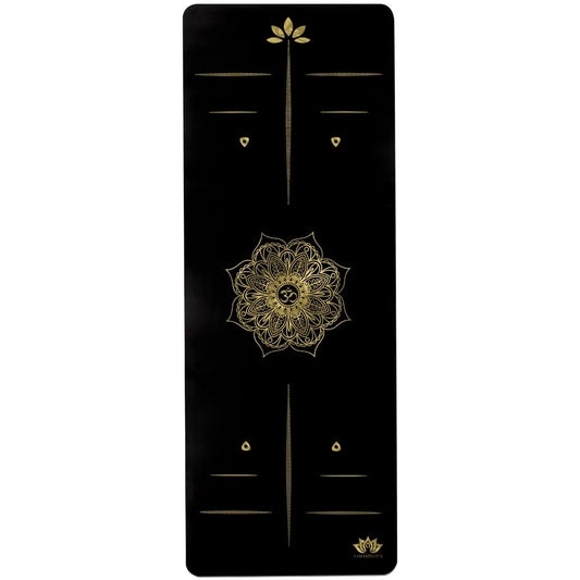 esterilla de yoga antideslizante premium diseño mandala negro con tinta dorada y lineas de alineación