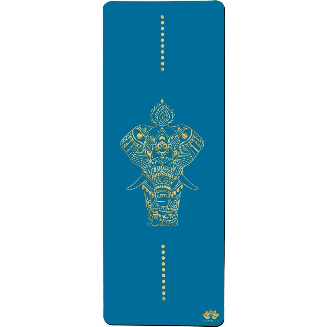esterilla de yoga antideslizante premium diseño elefante azul con tinta dorada