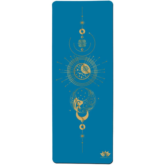 esterilla de yoga antideslizante premium diseño energia azul con tinta dorada