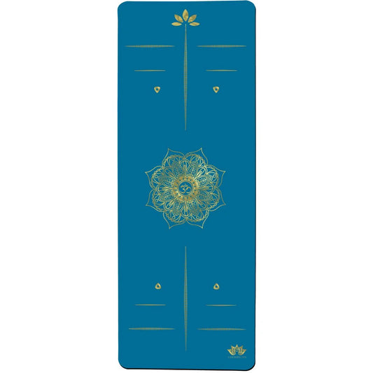 esterilla de yoga antideslizante premium diseño mandala azul con tinta dorada y lineas de alineación