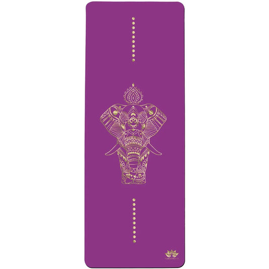 esterilla de yoga antideslizante premium diseño elefante violeta con tinta dorada