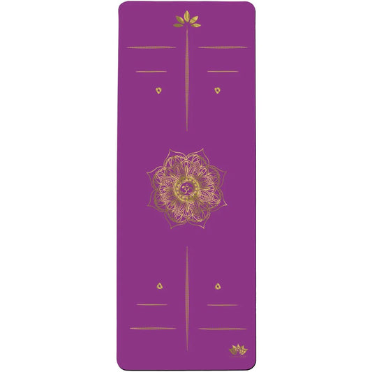 esterilla de yoga antideslizante premium diseño mandala violeta con tinta dorada y lineas de alineación