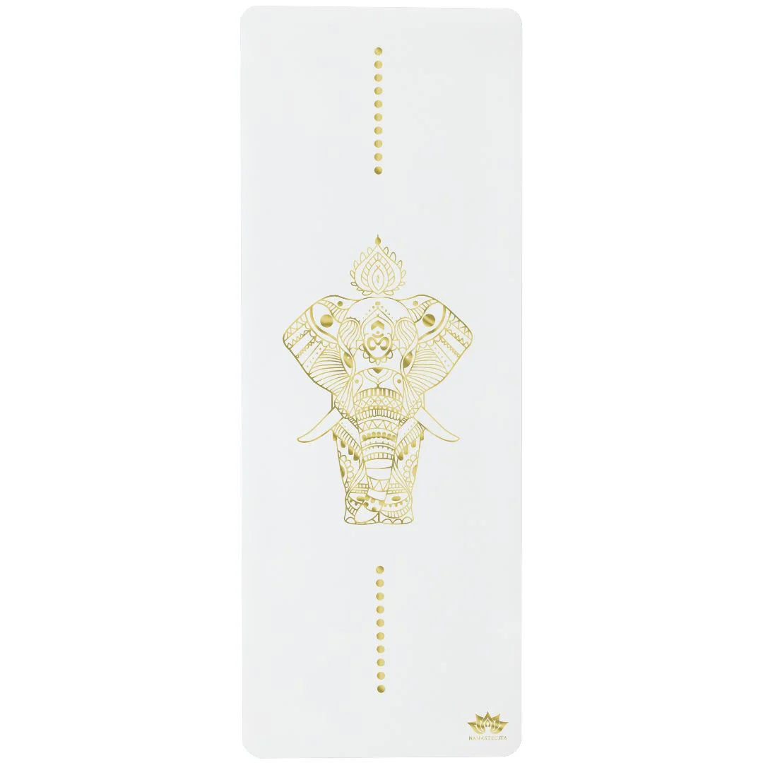 esterilla de yoga antideslizante premium diseño elefante blanco con tinta dorada