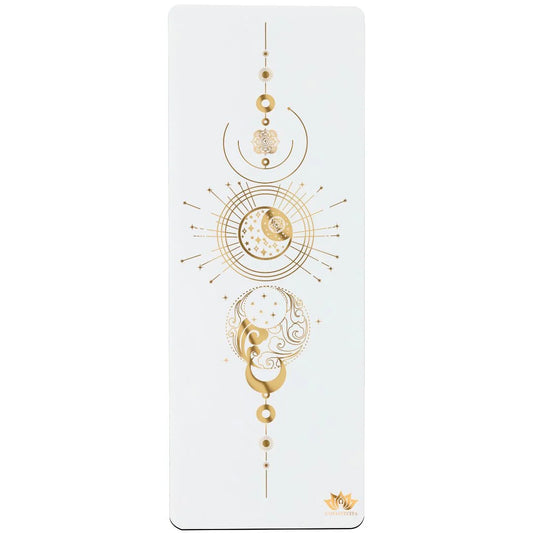 esterilla de yoga antideslizante premium diseño energia blanco con tinta dorada