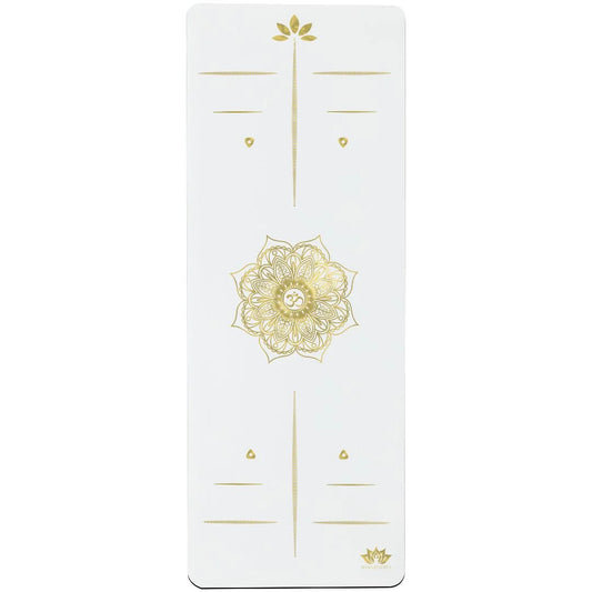 esterilla de yoga antideslizante premium diseño mandala blanco con tinta dorada y lineas de alineación