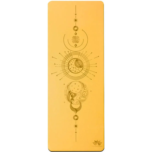 esterilla de yoga antideslizante premium diseño energia amarillo con tinta dorada