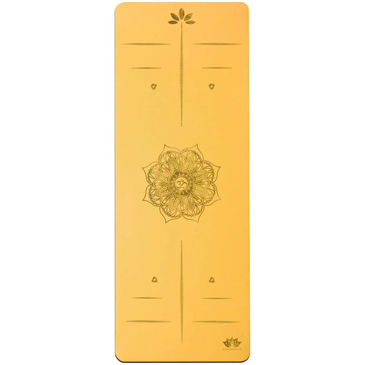 esterilla de yoga antideslizante premium diseño mandala amarillo con tinta dorada y lineas de alineación