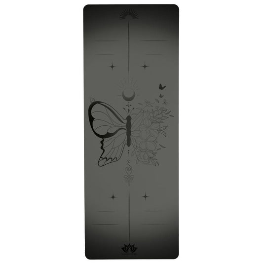 esterilla de yoga antideslizante premium diseño vida en tecnicolor mariposa negro con grabado láser