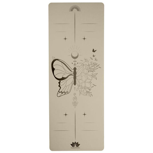 esterilla de yoga antideslizante premium diseño vida en tecnicolor mariposa beige con grabado láser