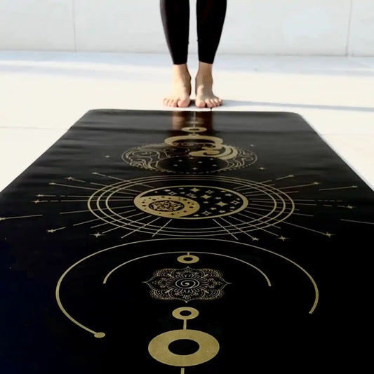 detalle del diseño mat de yoga de viaje antideslizante premium energia negro con tinta dorada