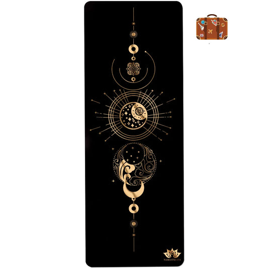 esterilla de yoga de viaje antideslizante premium diseño energia negro con tinta dorada