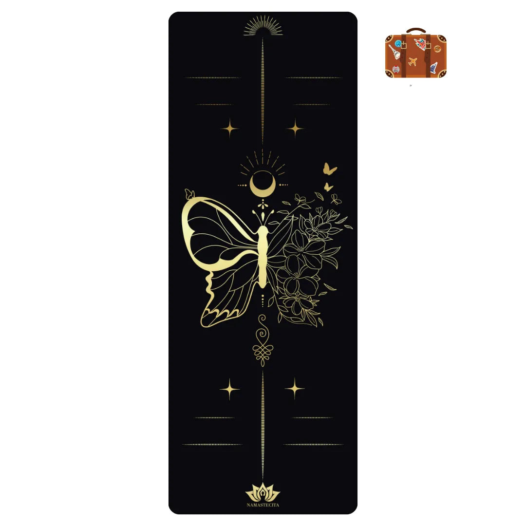 esterilla de yoga de viaje antideslizante premium diseño vida en tecnicolor mariposa negro con tinta dorada