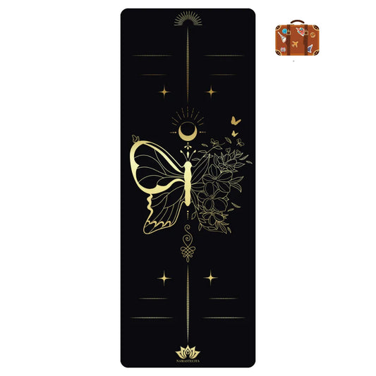 esterilla de yoga de viaje antideslizante premium diseño vida en tecnicolor mariposa negro con tinta dorada