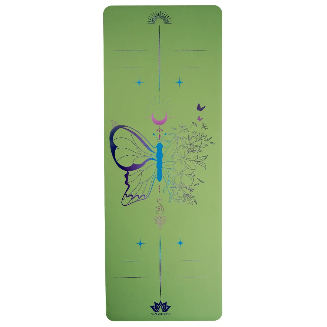 esterilla de yoga antideslizante premium diseño vida en tecnicolor mariposa oliva con tinta de color