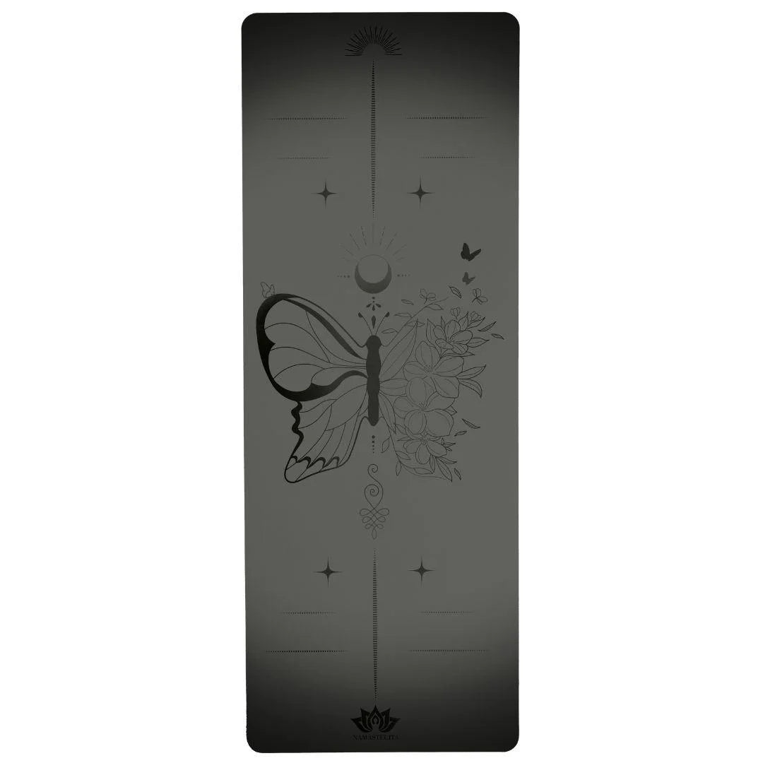 esterilla de yoga antideslizante premium diseño vida en tecnicolor mariposa negro con grabado láser