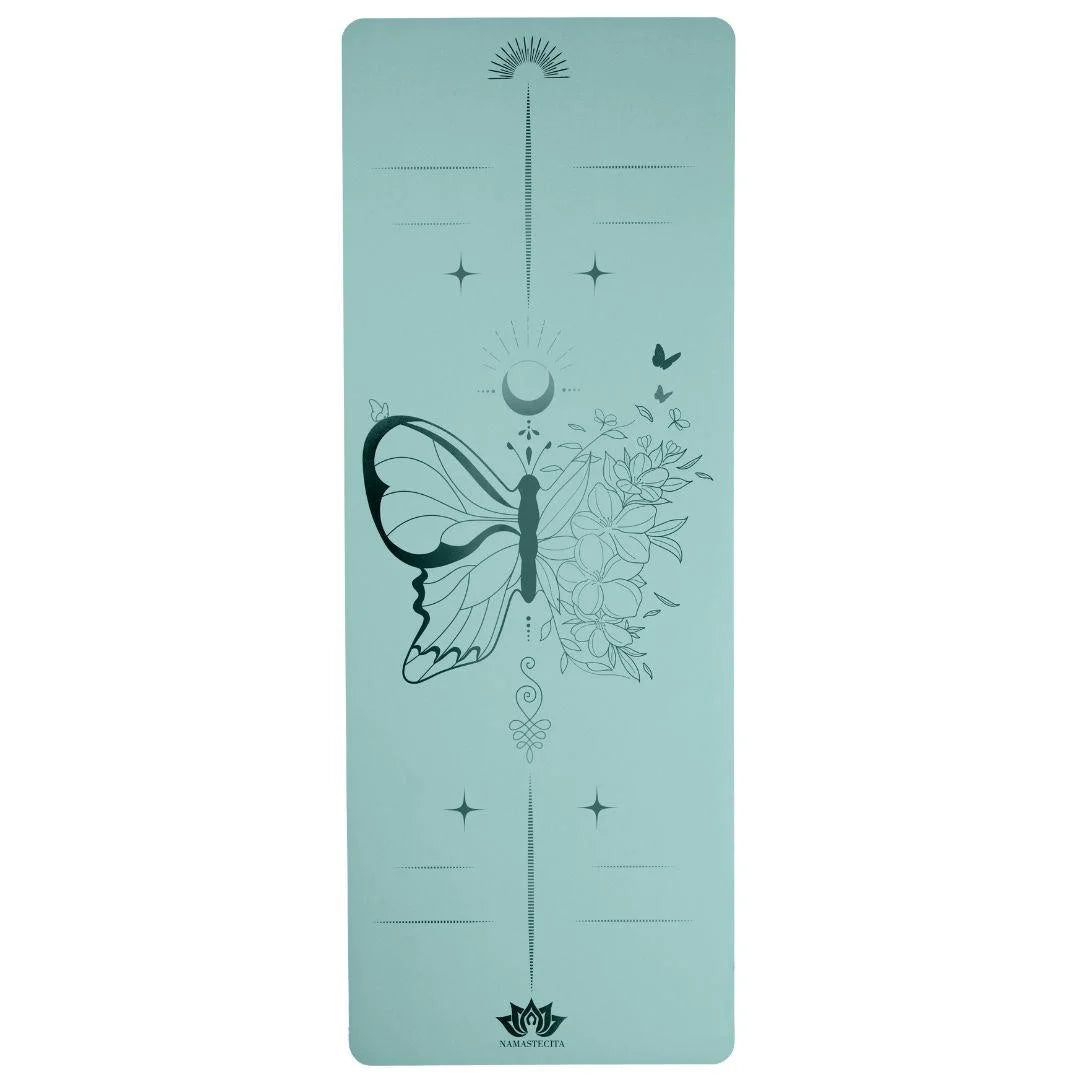 esterilla de yoga antideslizante premium diseño vida en tecnicolor mariposa turquesa con grabado láser