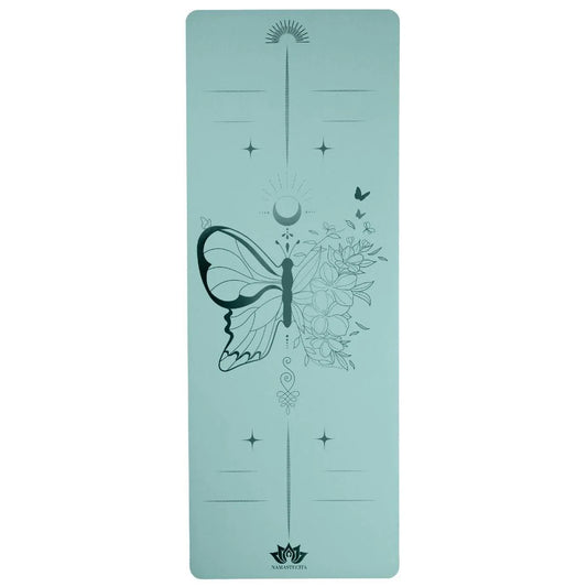 esterilla de yoga antideslizante premium diseño vida en tecnicolor mariposa turquesa con grabado láser
